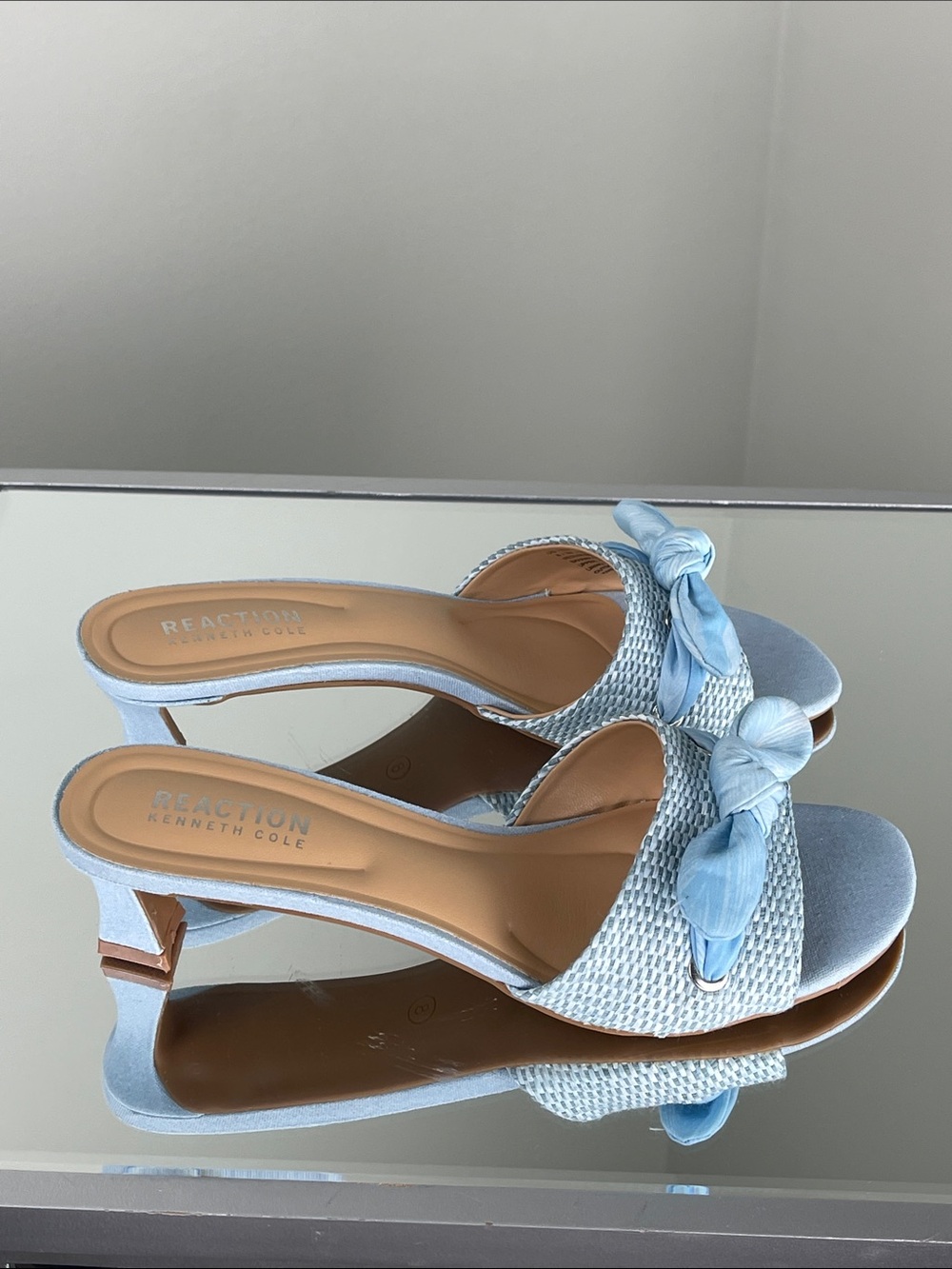 Kenneth Cole Reaction Light Blue Bow Woven Block Heel Mules Size 8.5